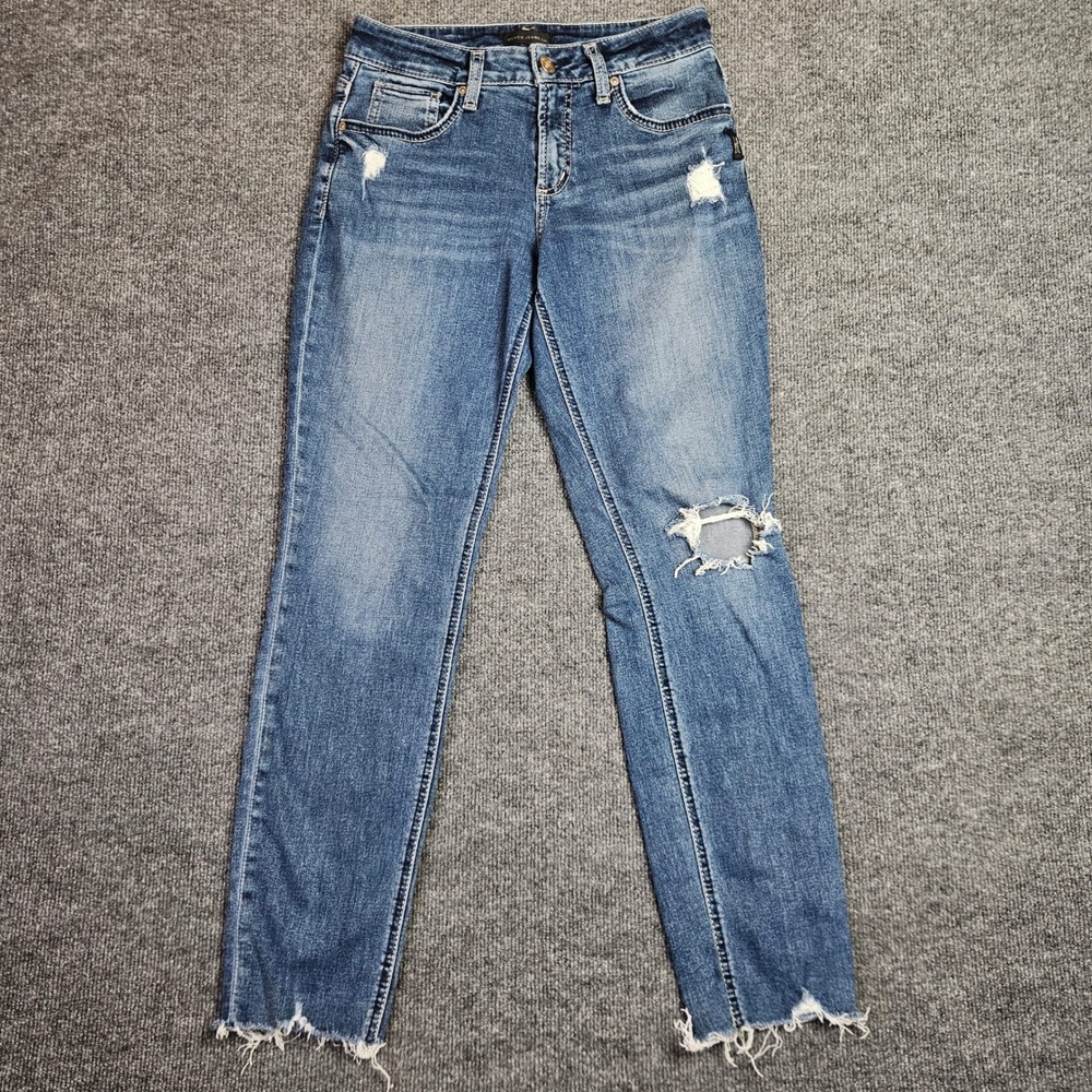Silver Boyfriend Jeans Womens 27 Mid Rise Med Wash Distressed Raw Hem Denim Blue
